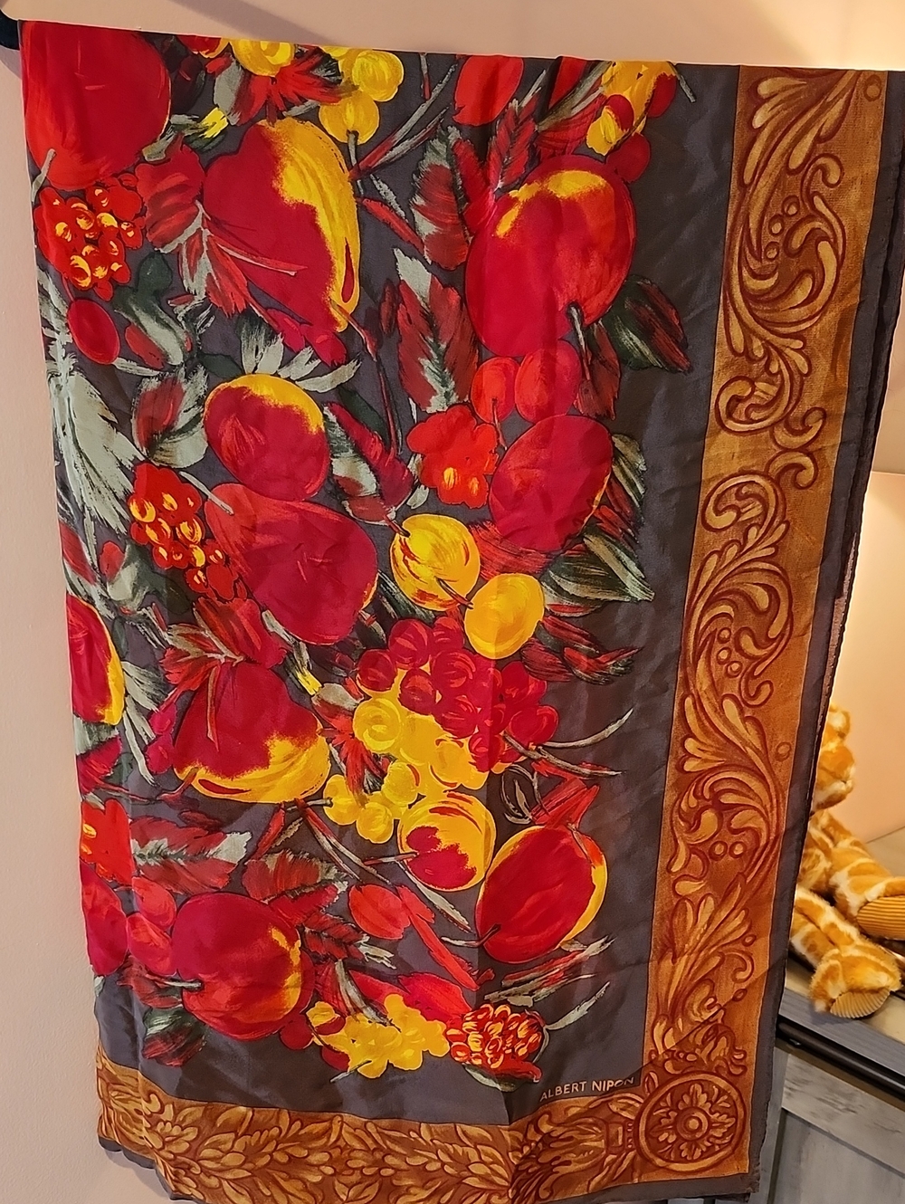 Albert Nipon Red and Yellow Fruit-Print Silk Scarf with Ornate Gold Border